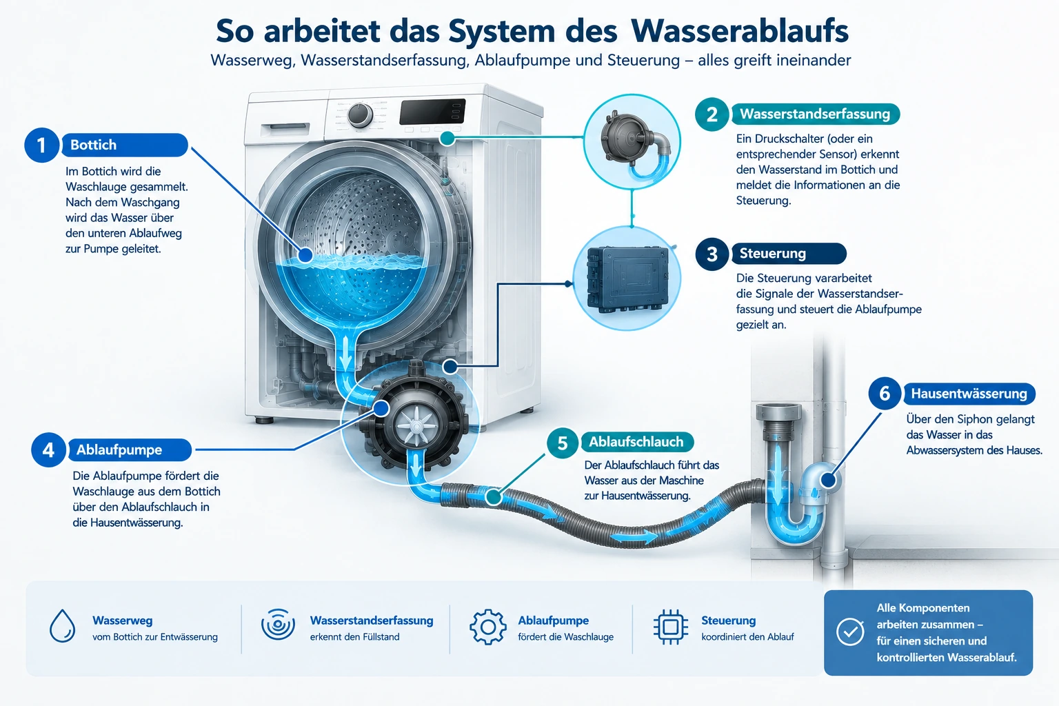 Vereinfachtes Systemdiagramm zum Wasserablauf einer Waschmaschine mit Wasserstandserfassung, Ablaufpumpe und Abwasserweg