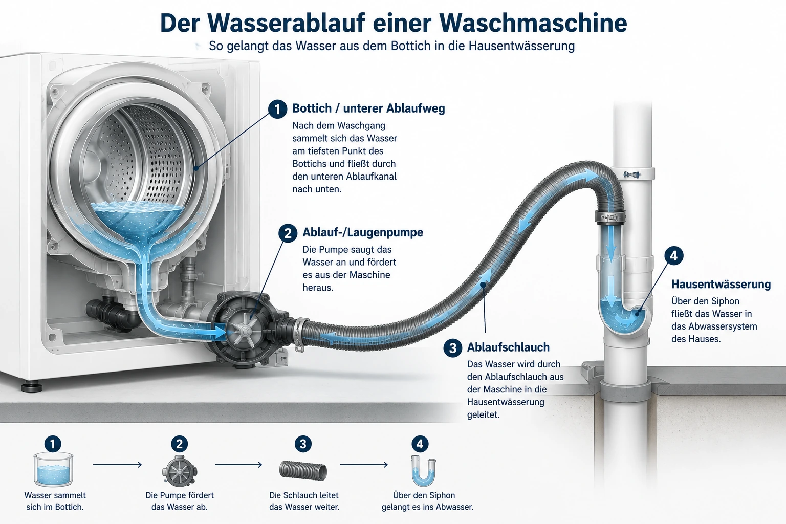 Schematische Darstellung des Wasserablaufs einer Waschmaschine vom Bottich über die Ablaufpumpe und den Ablaufschlauch bis zur Hausentwässerung