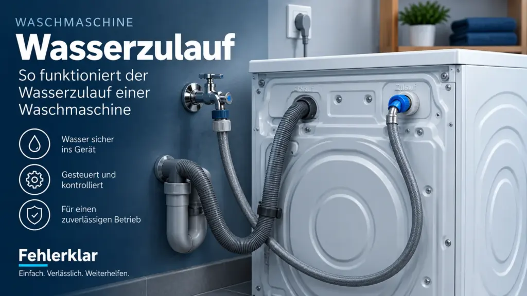Rückseite einer Waschmaschine mit Wasserhahn, Zulaufschlauch und separatem Ablaufschlauch